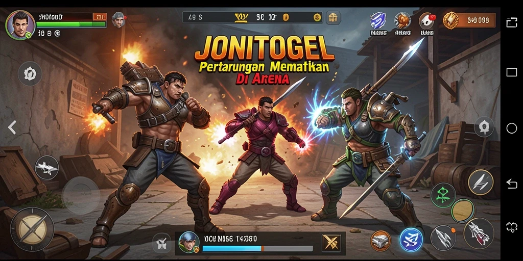 Screenshot gameplay JONITOGEL menunjukkan pertarungan seru di arena.