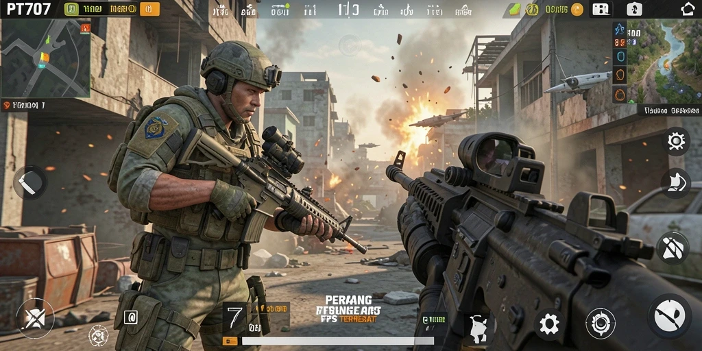Screenshot utama PT707 menampilkan momen seru dalam pertempuran FPS.